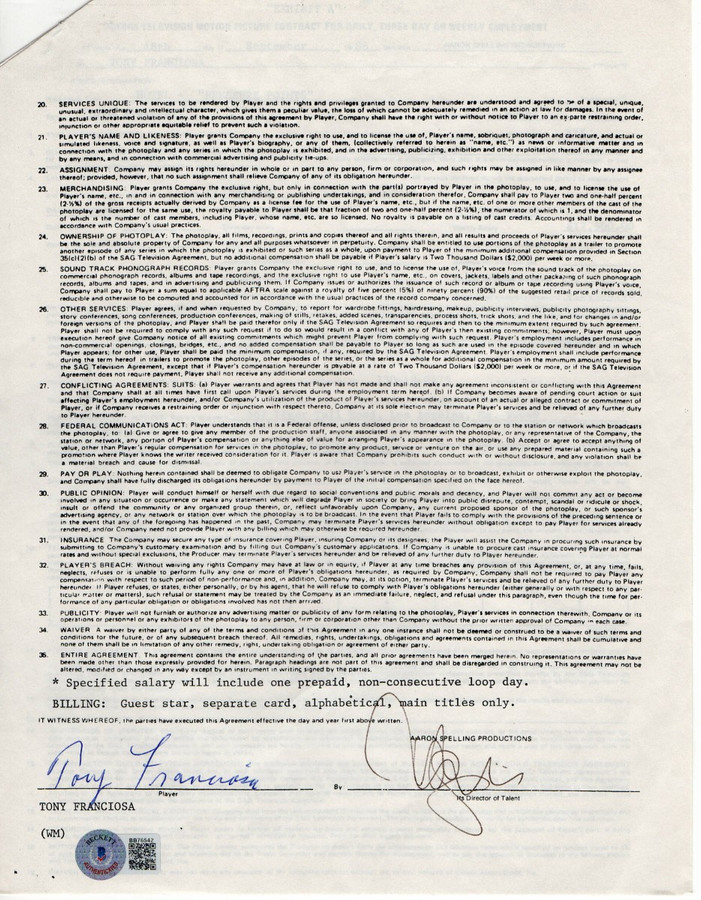 Tony Franciosa Signed Autographed Business Contract Spelling 1986 BAS BB76542