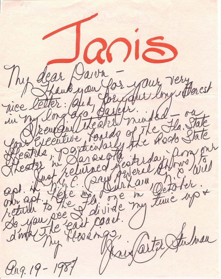 Janis Carter Signed Autographed Personal Letter Actress 1987 JSA JJ41054