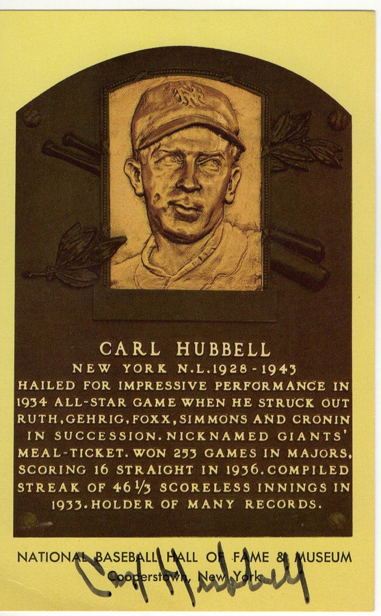 Carl Hubbell Signed Autograph Hall of Fame Postcard New York Giants JSA RR16559
