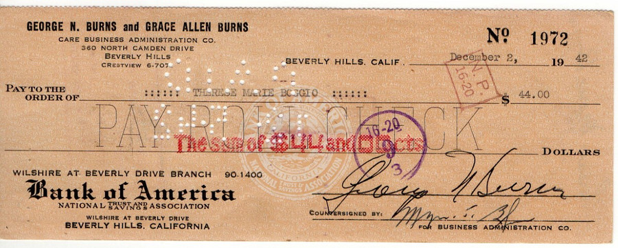 George Burns Signed Autographed Bank Check Comedy Legend 12/2/1942 JSA VV85859