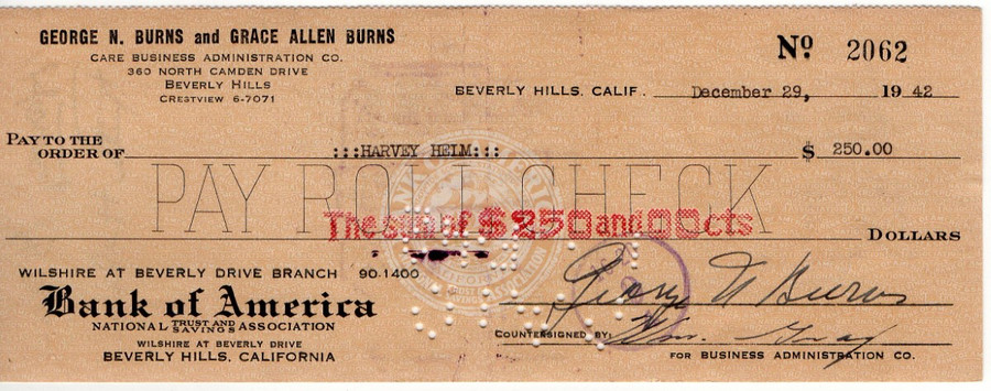 George Burns Signed Autographed Bank Check Comedy Legend 12/29/1942 JSA VV85864