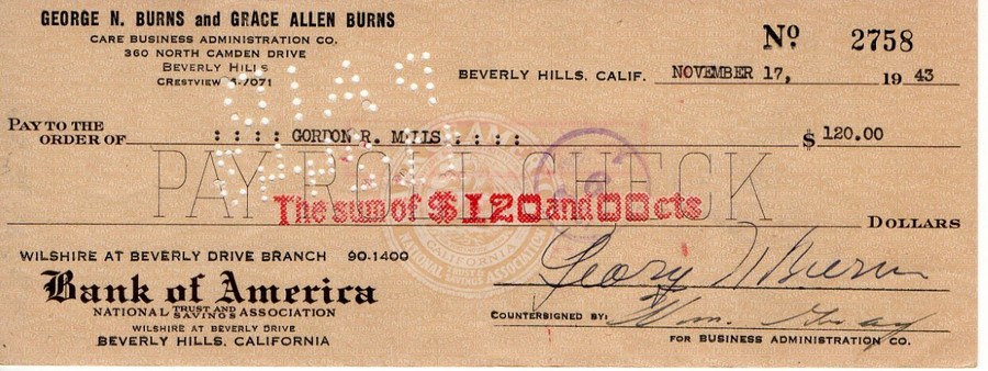 George Burns Signed Autographed Bank Check Comedy Legend 11/17/1943 JSA VV85868
