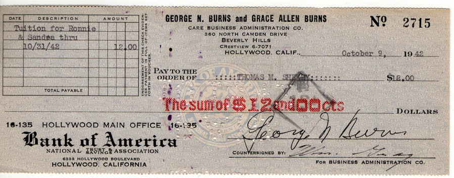 George Burns Signed Autographed Bank Check Comedy Legend 11/8/1942 JSA VV85877