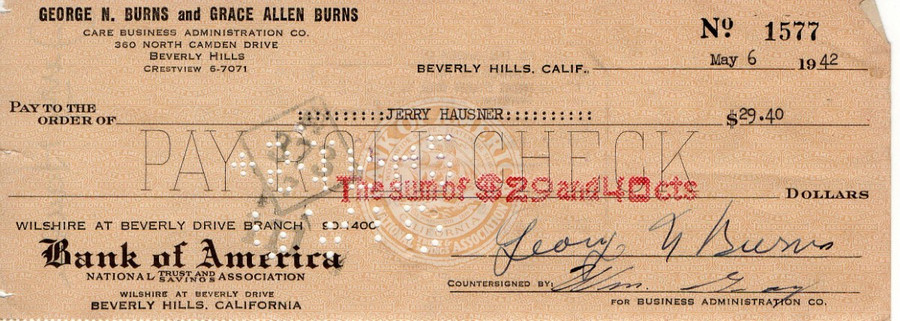 George Burns Signed Autographed Bank Check Comedy Legend 5/6/1942 JSA VV85873