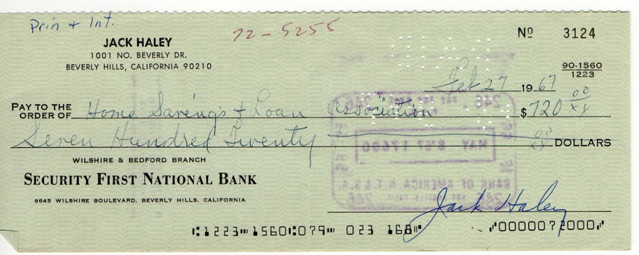Jack Haley Signed Autograph Bank Check Wizard of Oz Tin Man 2/27/67 JSA VV85846