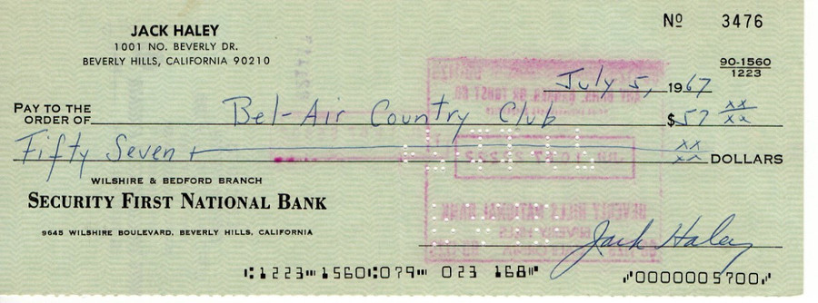 Jack Haley Signed Autograph Bank Check Wizard of Oz Tin Man 7/5/1967 JSA VV85849
