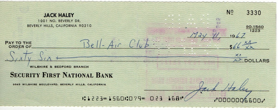 Jack Haley Signed Autograph Bank Check Wizard of Oz Tin Man 5/11/67 JSA VV85850