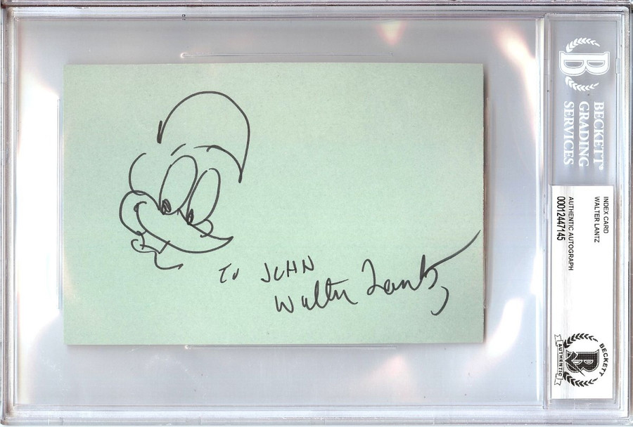 Walter Lantz Signed Autograph Index Card Woody Woodpecker Sketch Beckett Slabbed