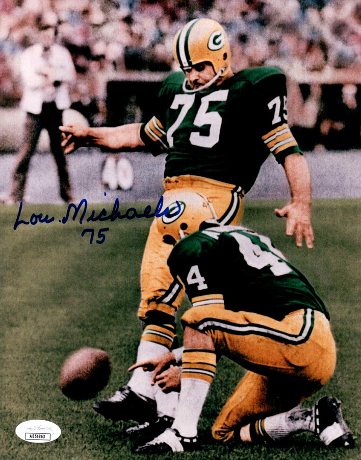 Lou Michaels Signed Autographed 8X10 Photo Packers Kicking FG JSA LOA