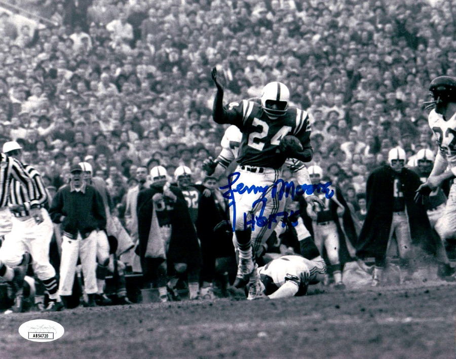 Lenny Moore Signed Autographed 8X10 Photo Colts B/W Running "HOF 75" JSA AB54720