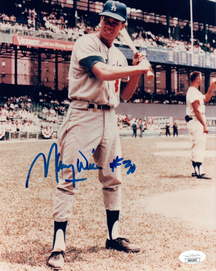 Maury Wills Autographed 8X10 Photo Los Angeles Dodgers Pose w/Bat JSA AB41603