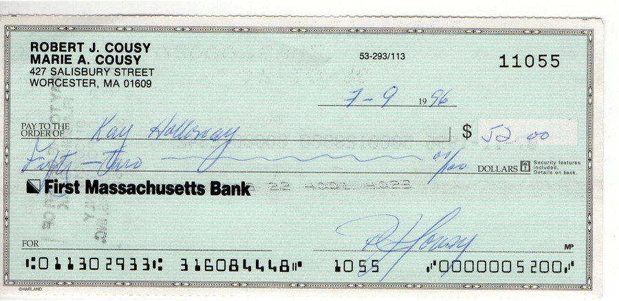 Bob Cousy Signed Autograph Personal Bank Check Boston Celtics #11055 JSA AC71358