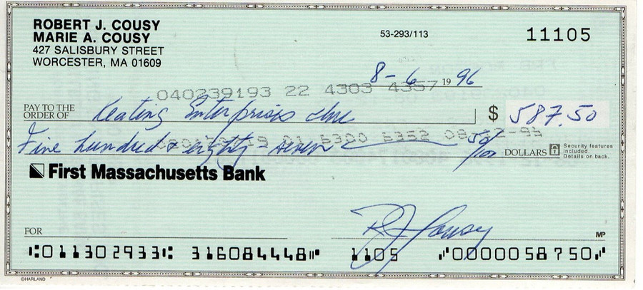 Bob Cousy Signed Autograph Personal Bank Check Boston Celtics #11105 JSA AC71371