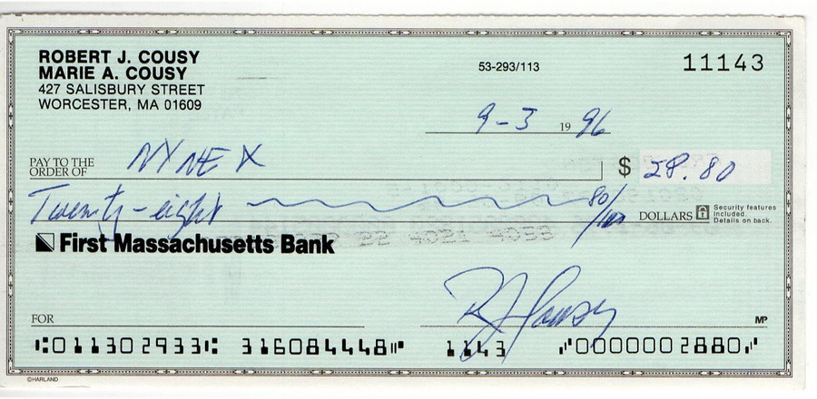 Bob Cousy Signed Autograph Personal Bank Check Boston Celtics #11143 JSA AC71378