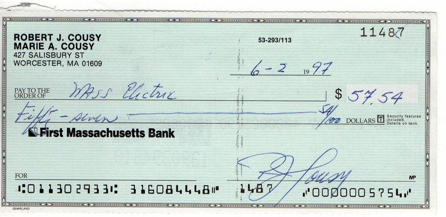 Bob Cousy Signed Autograph Personal Bank Check Boston Celtics #11487 JSA AC71385