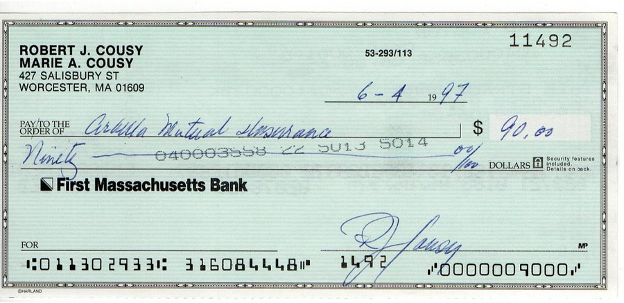 Bob Cousy Signed Autograph Personal Bank Check Boston Celtics #11492 JSA AC71337