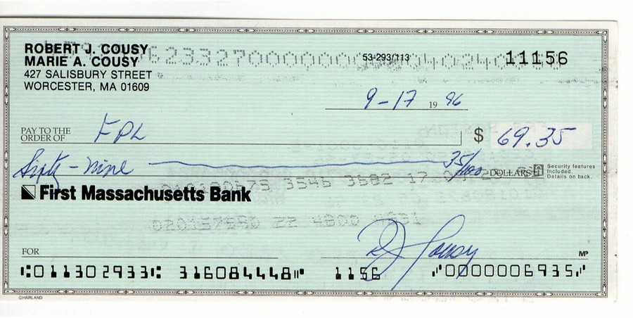 Bob Cousy Signed Autograph Personal Bank Check Boston Celtics #11156 JSA AC71345