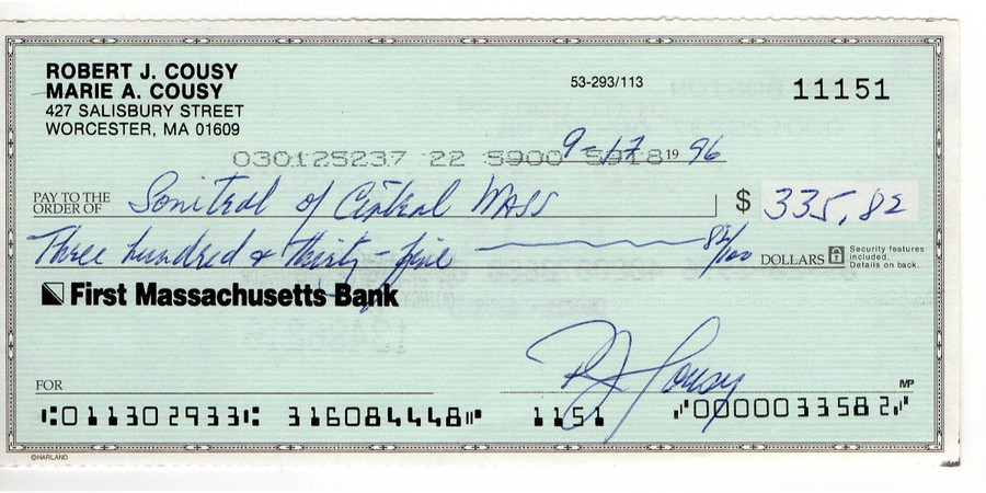 Bob Cousy Signed Autograph Personal Bank Check Boston Celtics #11151 JSA AC71347