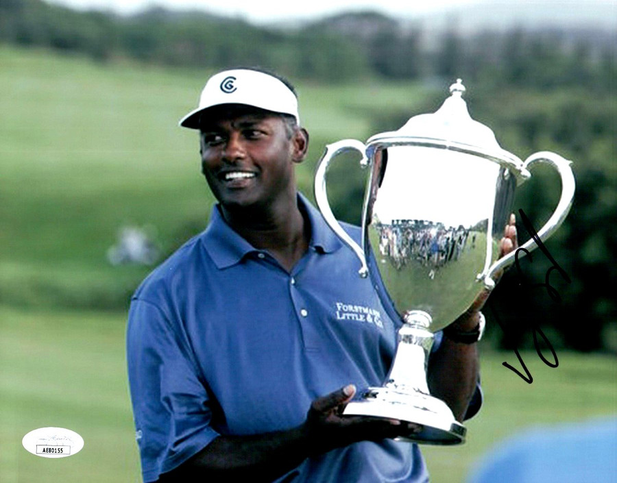 Vijay Singh Signed Autographed 8X10 Photo PGA Legend Holding Trophy JSA AE80155