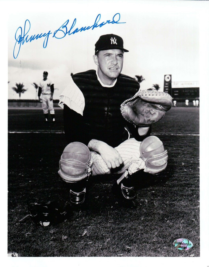 Johnny Blanchard Signed 8X10 Photo Autograph Catcher Crouching Blue Ink w/COA