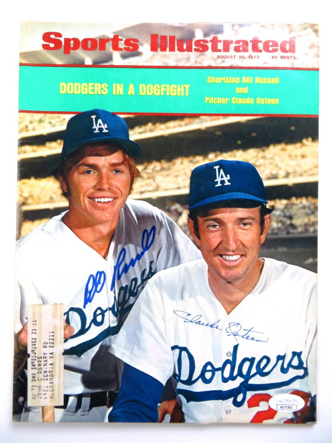 Bill Russell Claude Osteen Dual Autographed Magazine SI 1973 Dodgers JSA AG71401