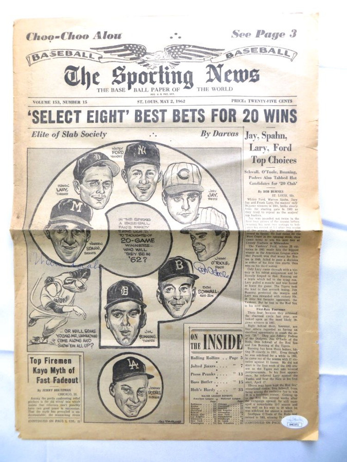 Warren Spahn Jim O'Toole Signed Autographed Newspaper Cover TSN 1962 JSA AH03572