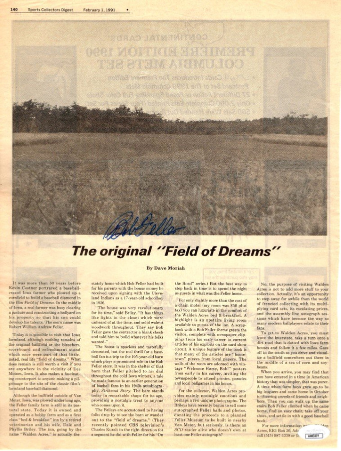 Bob Feller Signed Autograph Newspaper Article Collectors Digest 1991 JSA AH03377