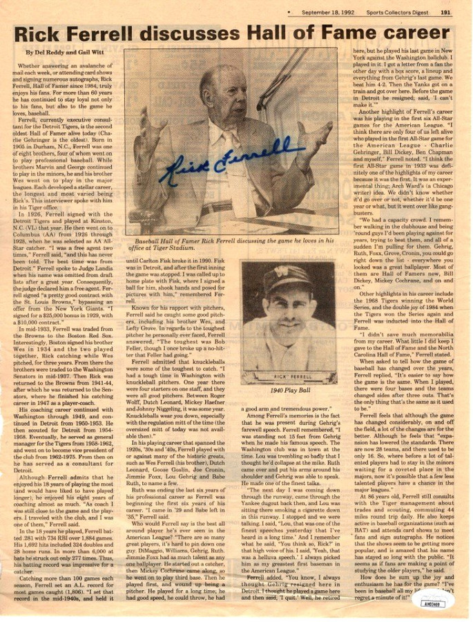 Rick Ferrell Autographed Newspaper Article Collectors Digest 1993 JSA AH03469