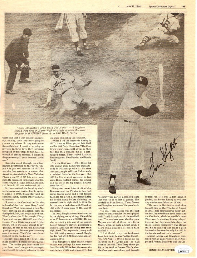 Enos Slaughter Autographed Newspaper Article New York Yankees 1991 JSA AH03374