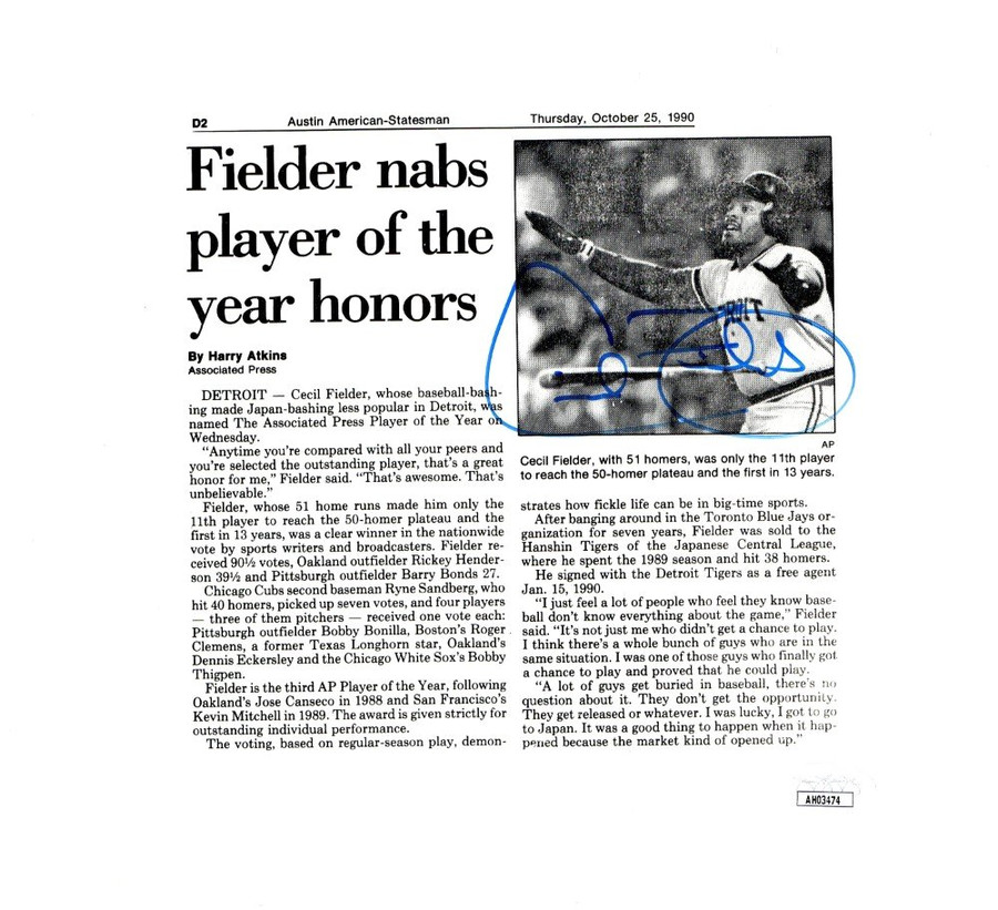 Cecil Fielder Signed Autograph Newspaper Article 1990 Detroit Tigers JSA AH03474