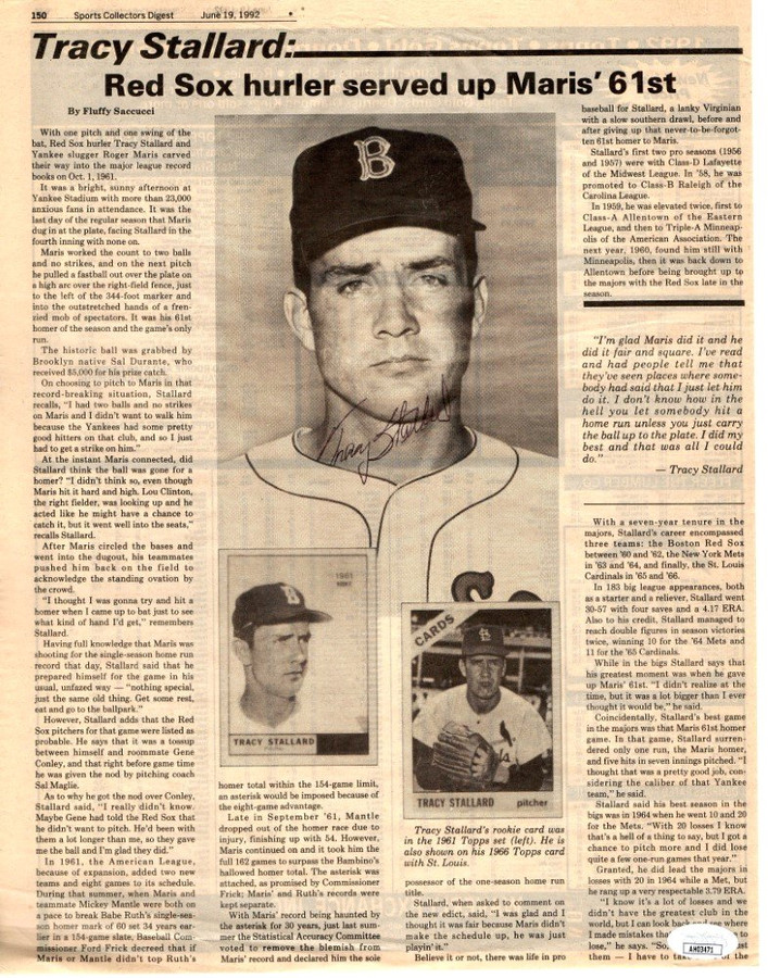 Tracy Stallard Autographed Newspaper Article Boston Red Sox 1992 JSA AH03471