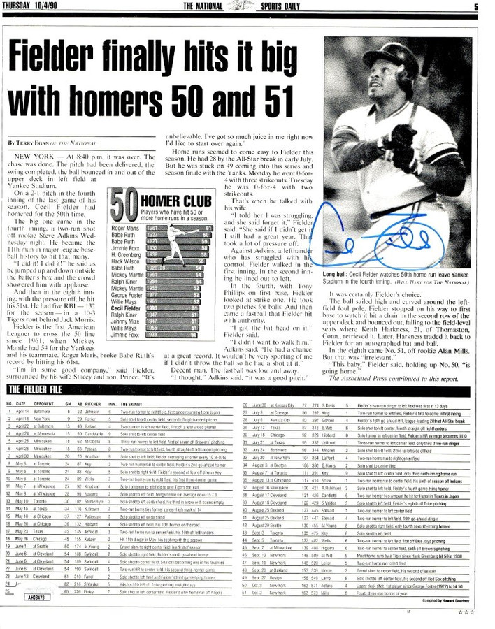 Cecil Fielder Autographed Newspaper Article Sports Daily 1990 Tigers JSA AH03473
