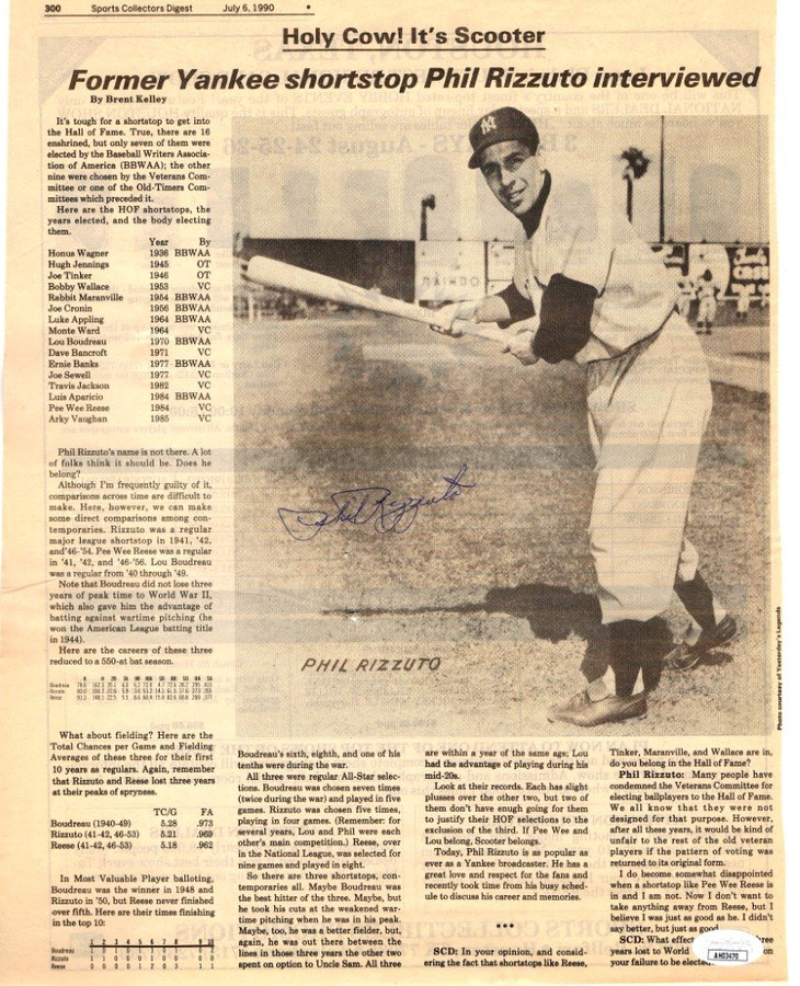 Phil Rizzuto Autographed Newspaper Article New York Yankees 1993 JSA AH03470