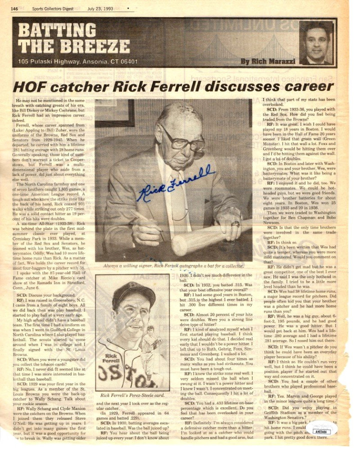 Rick Ferrell Autographed Newspaper Article Collectors Digest 1993 JSA AH03466