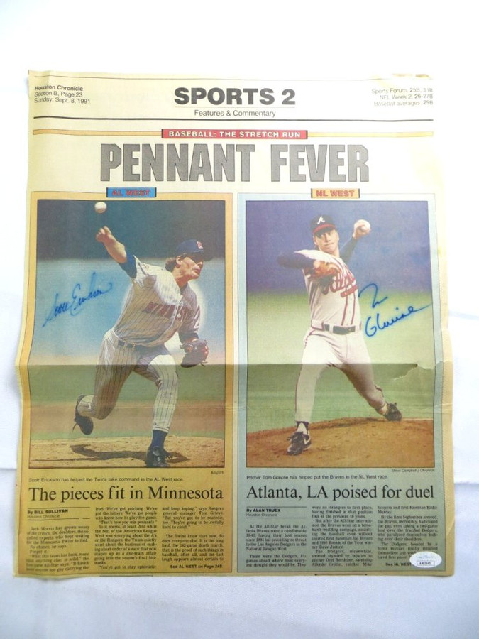 Tom Glavine Scott Erickson Signed Autographed Newspaper Article 1991 JSA  AH03445 - Cardboard Legends