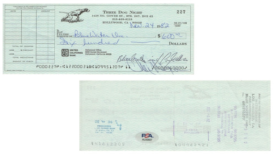 Chuck Negron Cory Wells Signed Autograph Bank Check Three Dog Night PSA AL92607