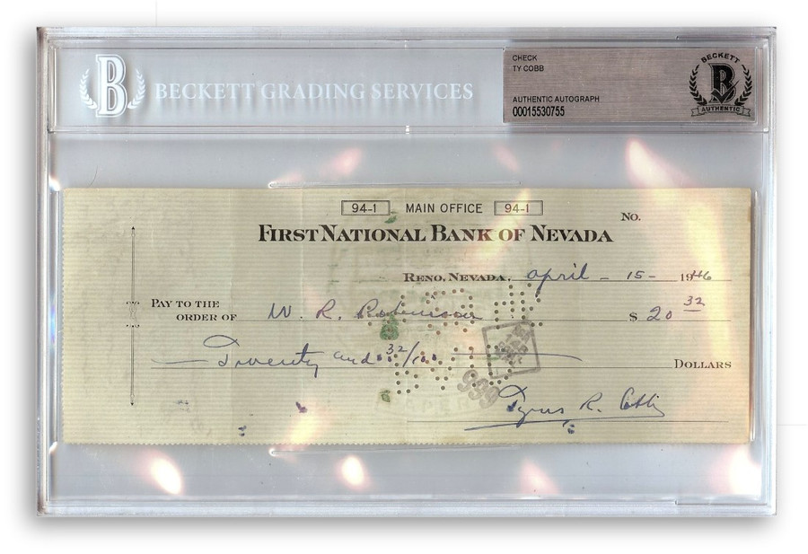 Ty Cobb Signed Autographed Bank Check Detroit Tigers A's 1946 BAS Slabbed 755