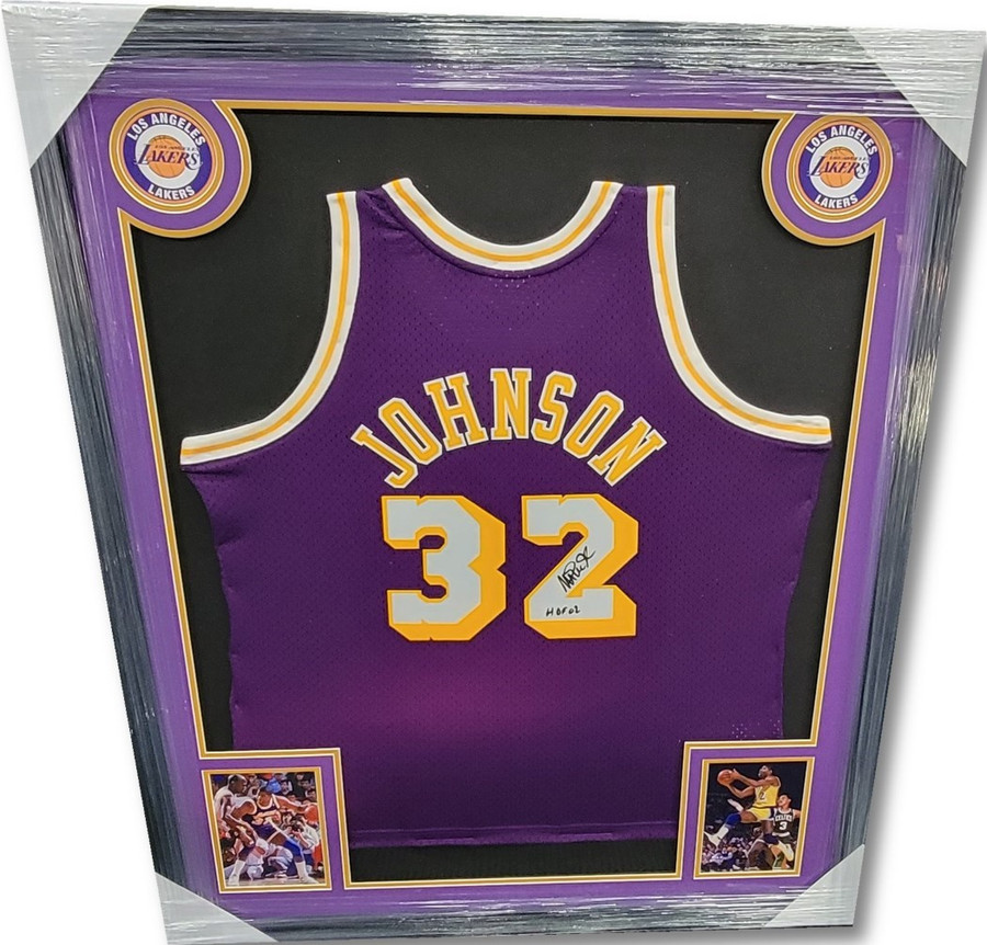 Magic Johnson Signed Autographed 35x43 Custom Framed Jersey HOF 02 Lakers PSA