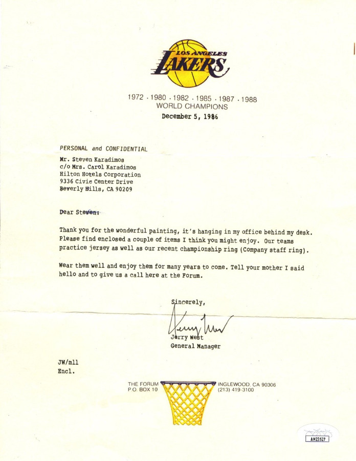 Jerry West Signed Autographed Personal Letter Lakers 1986 JSA AM23527