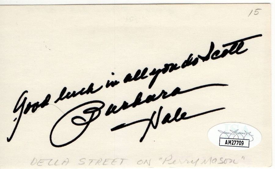 Barbara Hale Signed Autographed Index Card Perry Mason Della Street JSA AM27709