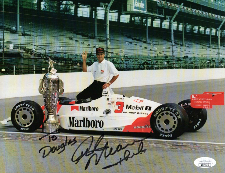 Rick Mears Signed Autographed 8X10 Photo Indy 500 Trophy Pose JSA AM27619