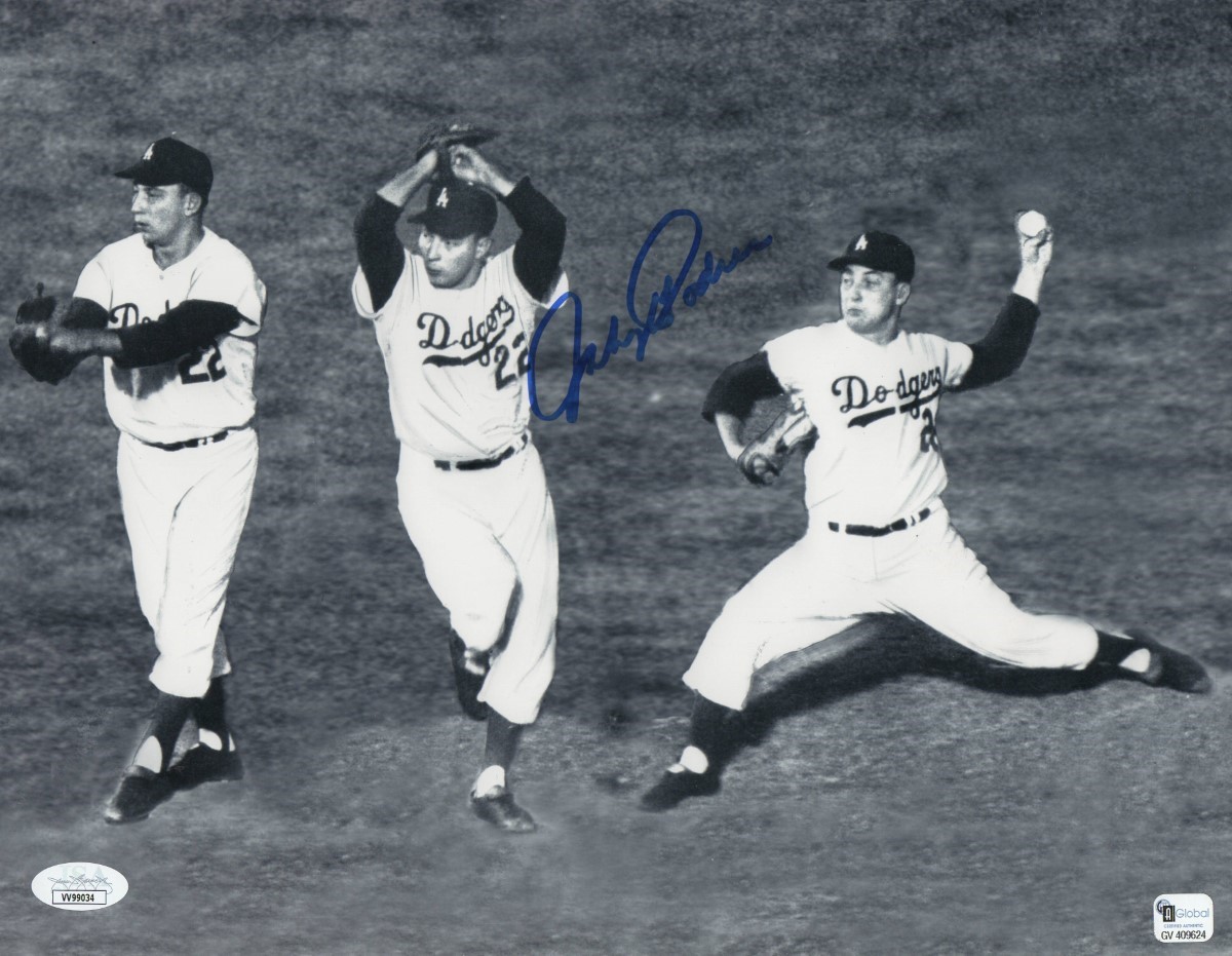 Signed Johnny Podres Picture - 8x10 1955 World Series Last Out