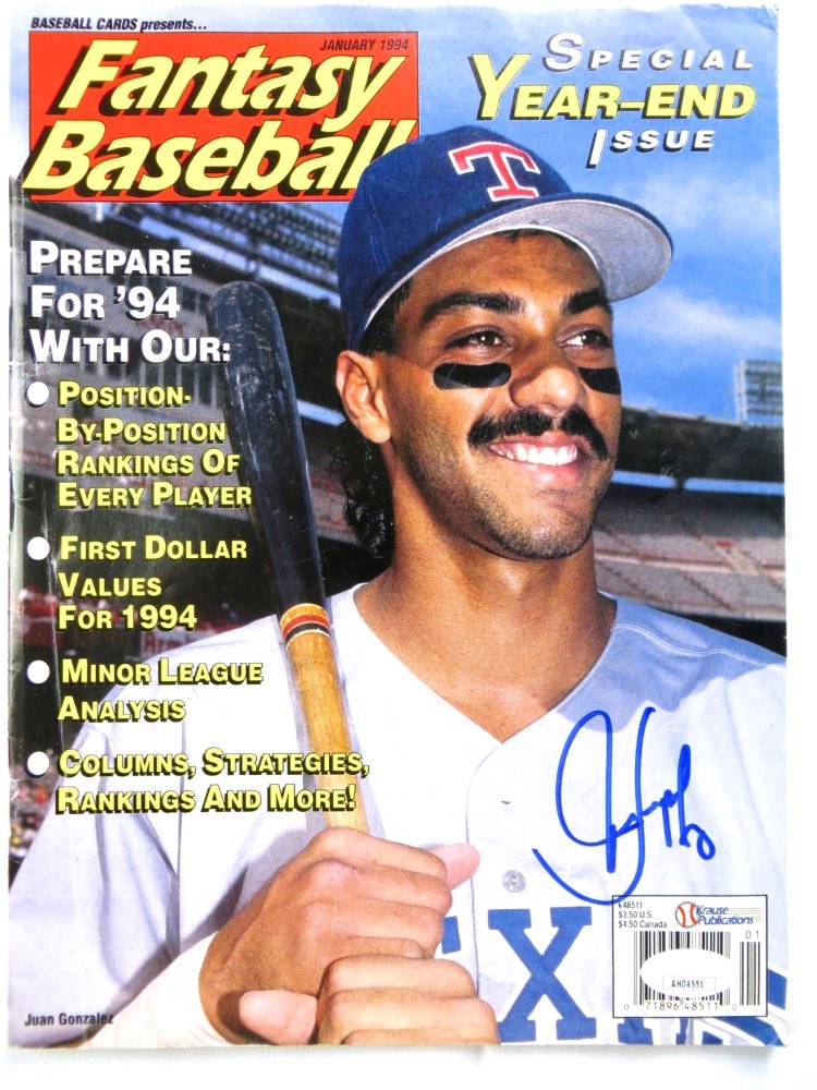 Juan Gonzalez Autographed Magazine Fantasy Baseball 1994 Rangers JSA  AH04551 - Cardboard Legends