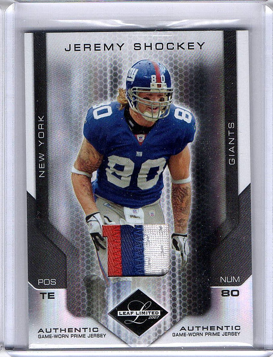 Jeremy Shockey player worn jersey patch football card (New York Giants)  2005 Upper Deck #GJJS