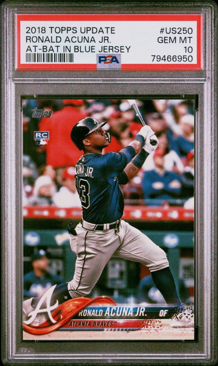 Ronald Acuna Jr. 2018 Topps Update At Bat In Blue Jersey PSA 10 RC Braves  #US250 - Cardboard Legends