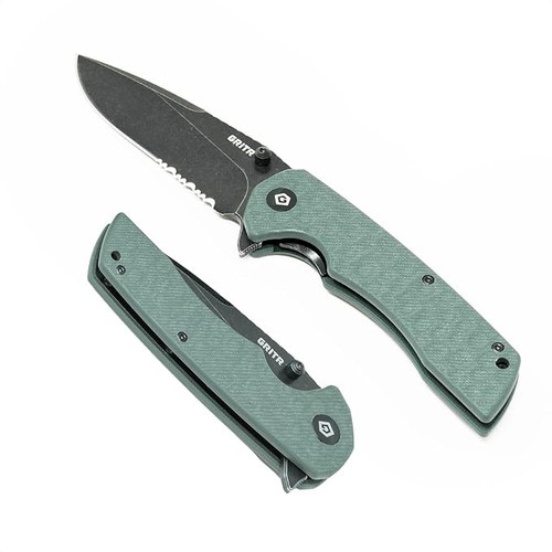 GRITR Stealth Folding Pocket Knife, Green, Partially-Serrated Blade