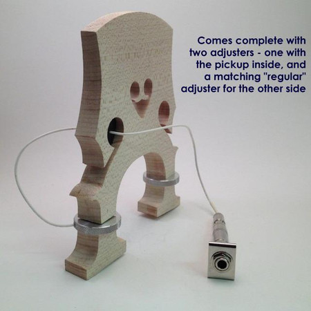 Full Circle Upright Bass Pickup, installed on bridge - plus text: Comes complete with two adjusters - one with the pickup inside, and a matching "regular" adjuster for the other side