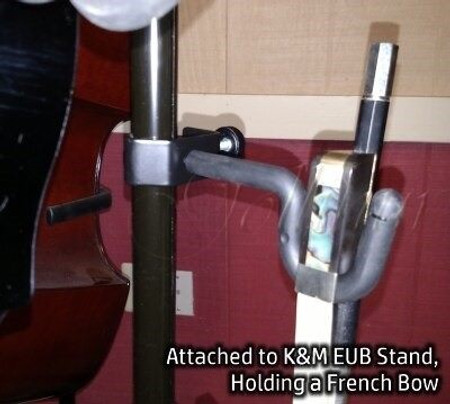 Bass Bow Hook for Music or Instrument Stand by K&M, with bow (example of use)