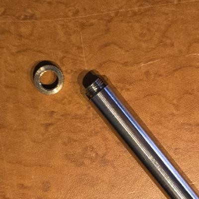 Replacement Steel Endpin for Kay and Engelhardt Upright Bass. Closeup; removable metal retainer ring.