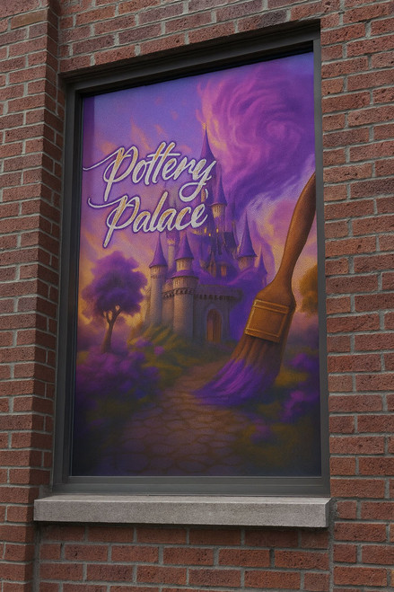 Custom perforated window decal for art studio featuring a fantasy castle design, purple paintbrush swirl, and the words "Pottery Palace." Eye-catching storefront branding for pottery shops and art galleries.